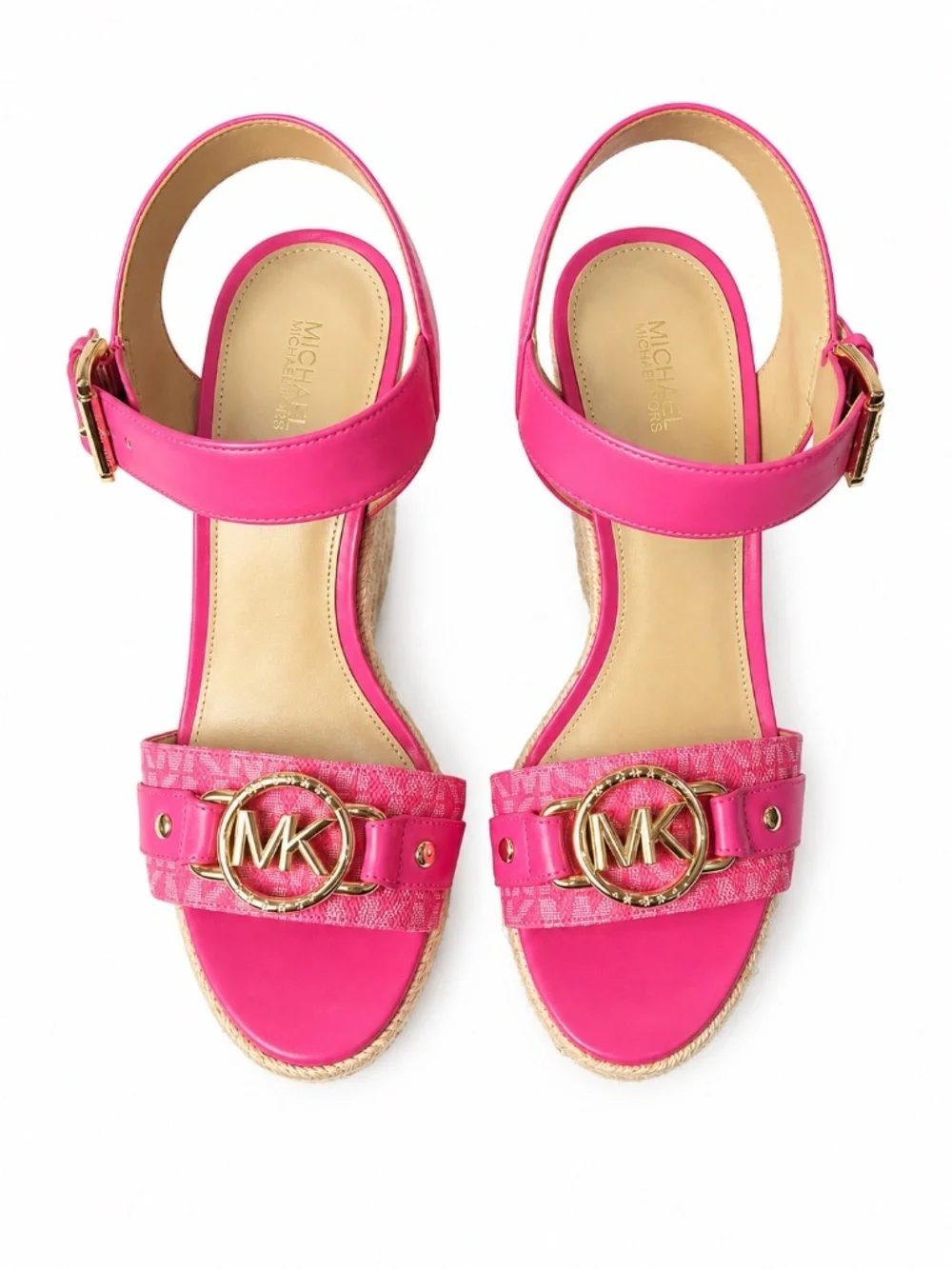 Michael Michael Kors Size 8M Pink Espadrille Wedge Sandals Gold Logo
